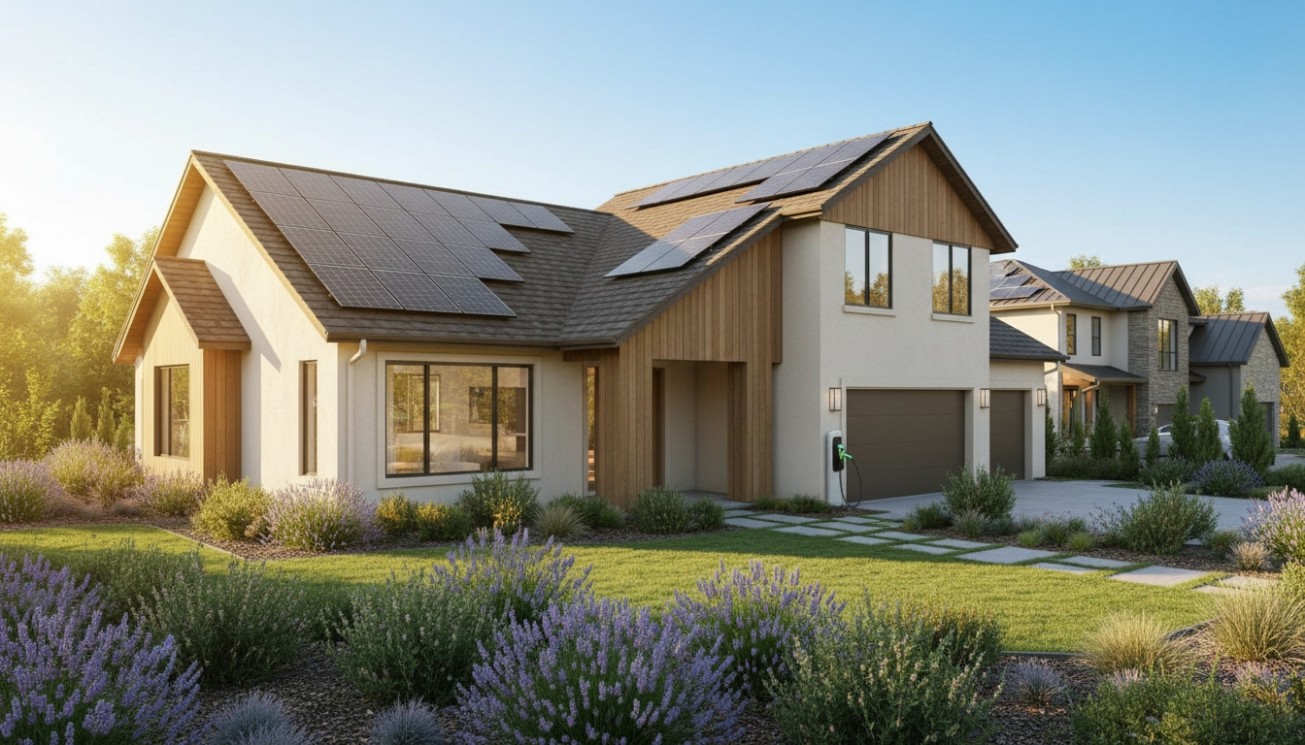 Modern home with residential solar panels showing rooftop PV modules as a long-term home solar investment for electricity bill savings
